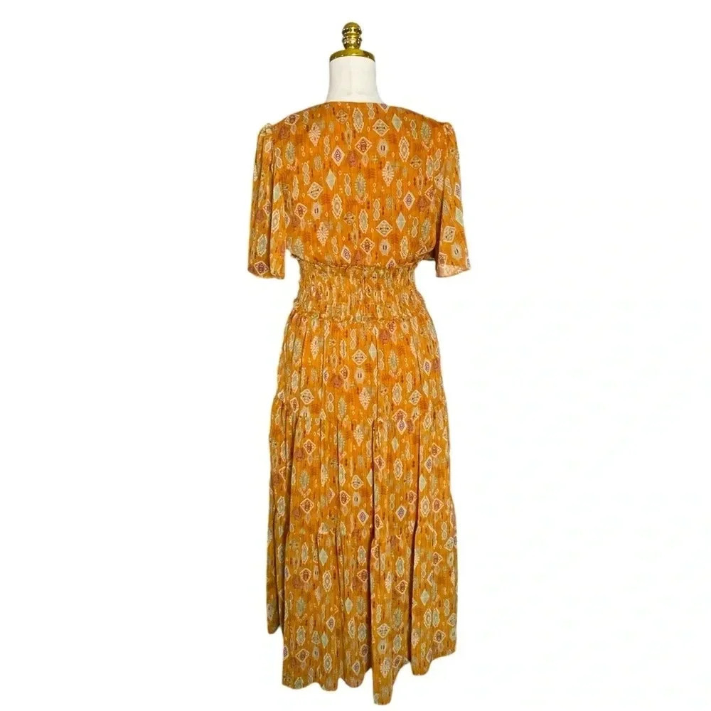 TAYLOR | Smocked Waist Brown Cottagecore Fit-And-Flare Tiered Midi Dress Size S - Picture 7 of 14